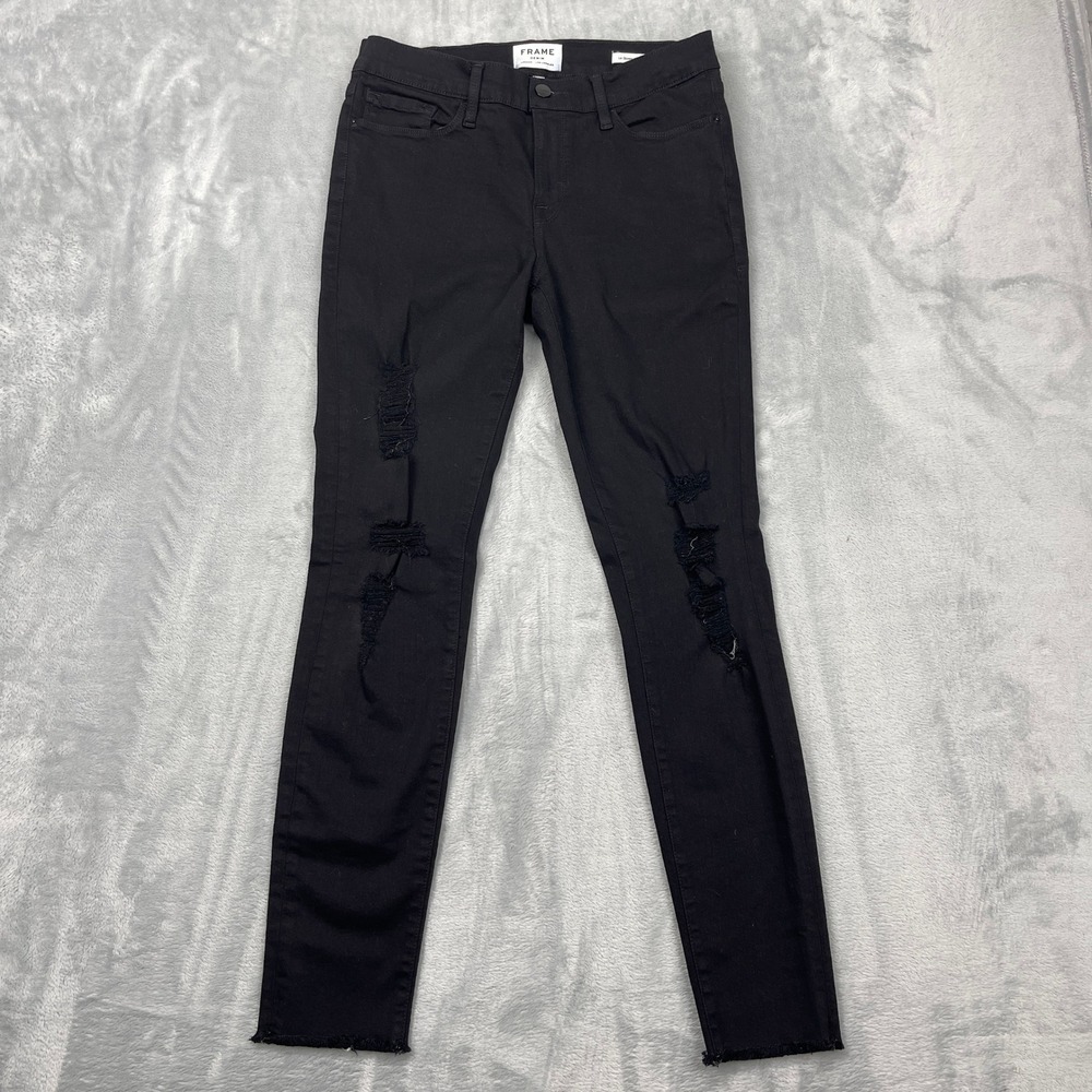 FRAME Jeans Womens 30 Black Denim Distressed Mid Rise‎ Dark Wash Slim Skinny Leg
